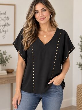 Isabella Rodriguez Black V-Neck Top with Gold Studs